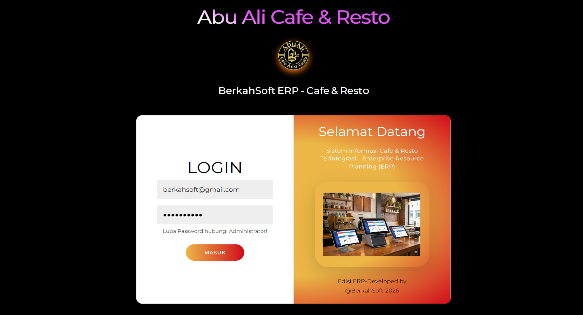 Login Berkah Cafe Resto ERP